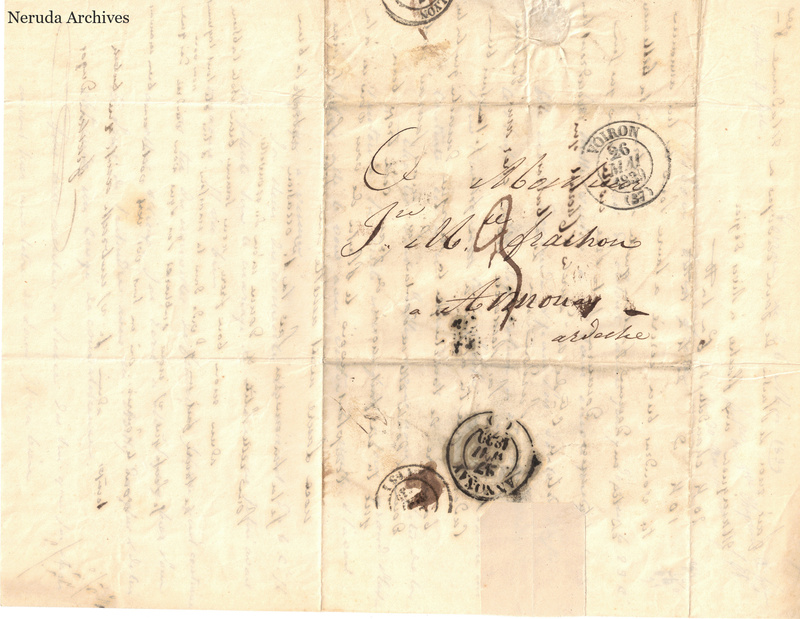 NRA-L-000505 image 1 showing a folded address panel to a Frachon correspondent with postal marks, routing notations and visible folds.