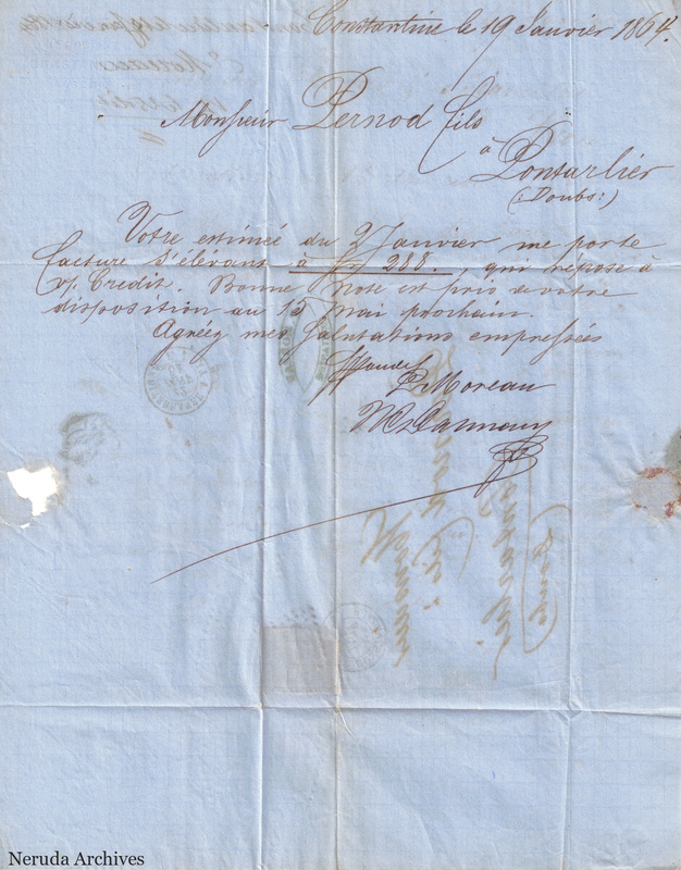 NRA-L-000118 image 2 showing a handwritten commercial letter dated at Constantine with financial figures, signatures, docketing, folds and paper losses.