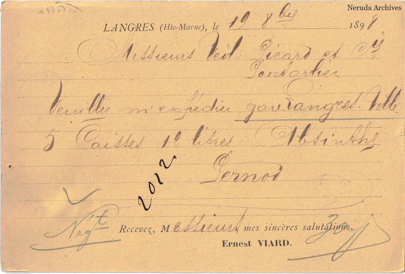 NRA-L-000205 image 2 showing the handwritten message from Ernest Viard to Veil-Picard & Cie, with contemporary annotations and the sender's signature or business mark.