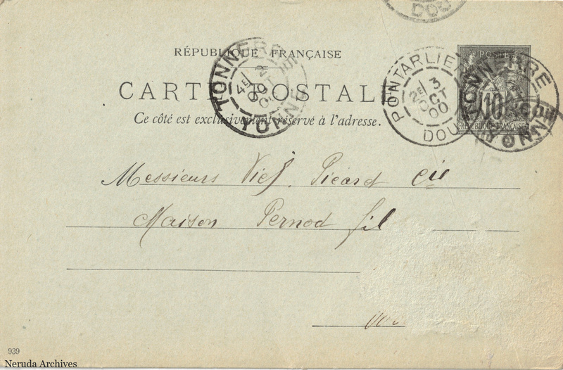 NRA-L-000278 image 1 showing the address side of a postcard sent by P. Segaut Fils to Veil-Picard & Cie, Maison Pernod Fils, with contemporary postal and business marks.