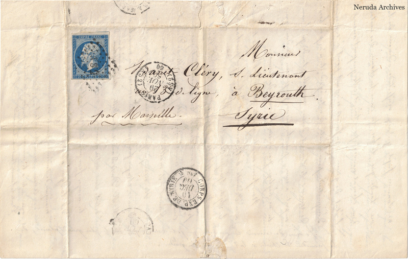 NRA-L-000044 image 1 showing the address to Louis Danet Cléry in Beirut, with stamp and postal evidence.