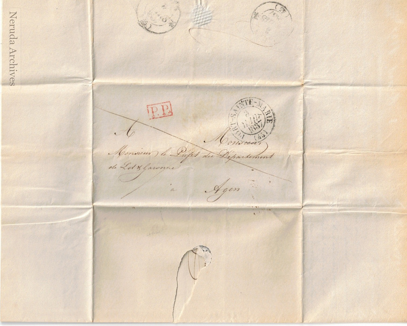 NRA-L-000010 image 1 showing the address panel, postal marks and exterior annotations of Le Blanc de Mauvesin's 1837 letter to the Prefect of Lot-et-Garonne.