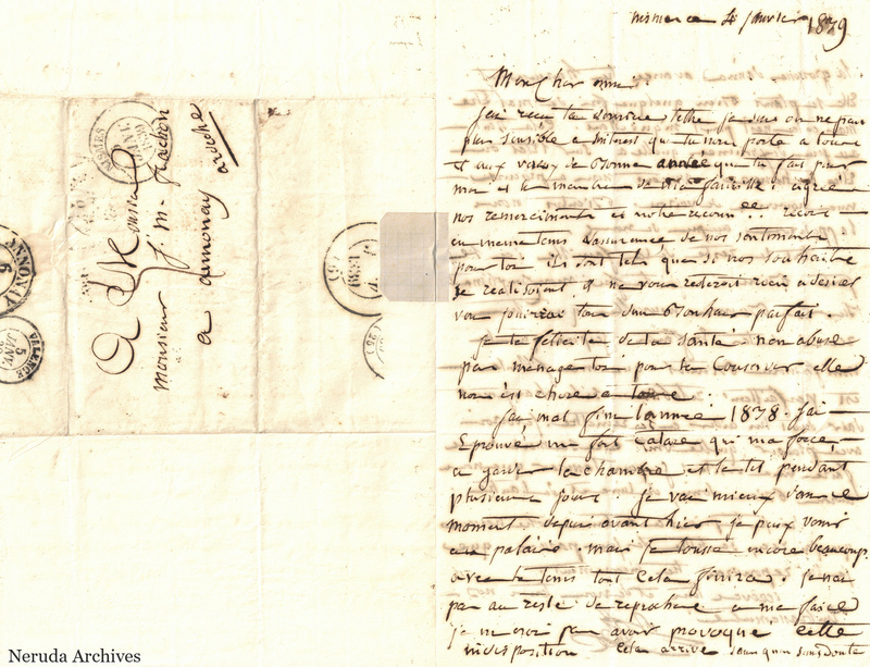 NRA-L-000483 image 1 showing an unfolded sheet with the beginning of a French letter on the right and an address panel to a Frachon correspondent in Annonay on the left, with postal marks and annotations.