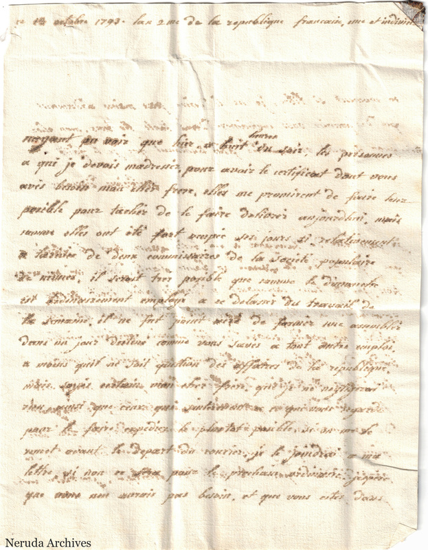 NRA-L-000667 image 2 showing the first page of a French family letter dated October 1793, written across a folded sheet.