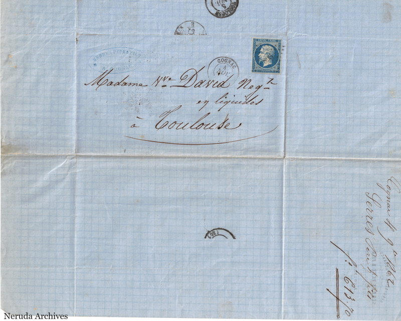 NRA-L-000453 image 1 showing the folded manuscript address panel on blue paper, with the written delivery address, postal markings and closure evidence.