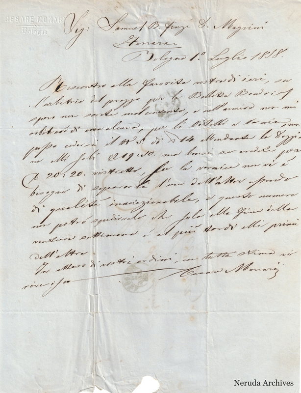 NRA-L-000719 image 2 showing the incoming Italian letter from Cesare Monari in Bologna, with the handwritten signature and business text.