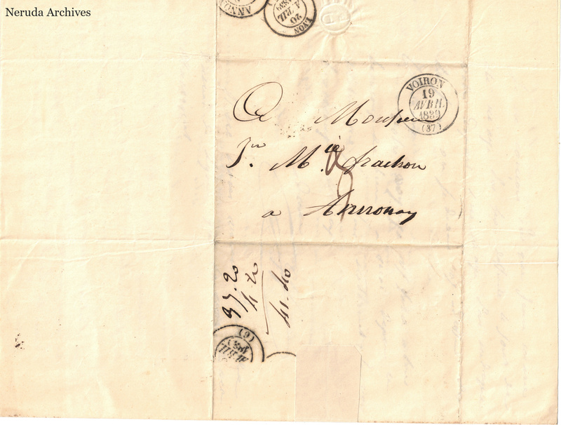 NRA-L-000503 image 1 showing a folded address panel to a Frachon correspondent with postal marks, routing notations and paper folds.