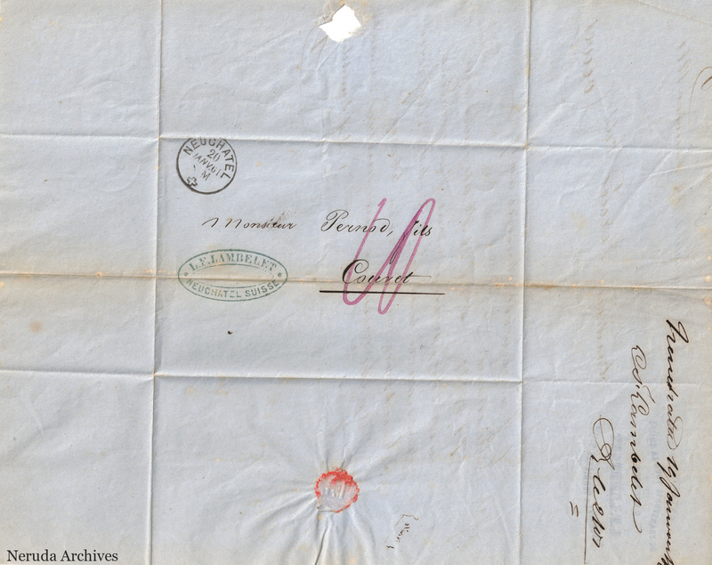 NRA-L-000114 image 1 showing the folded address panel to Pernod fils in Couvet with Lambelet handstamps, a circular postmark, receiver docketing, seal remnant and a paper loss.