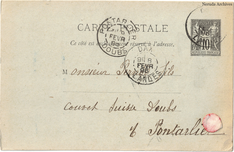 NRA-L-000242 image 1 showing the address side of a postcard sent by J. Dazet, Grand Café du Jardin to Pernod Fils, with contemporary postal and business marks.