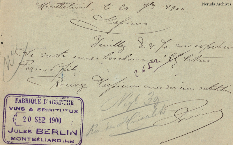 NRA-L-000211 image 2 showing the handwritten message from Jules Berlin to Pernod Fils, with contemporary annotations and the sender's signature or business mark.