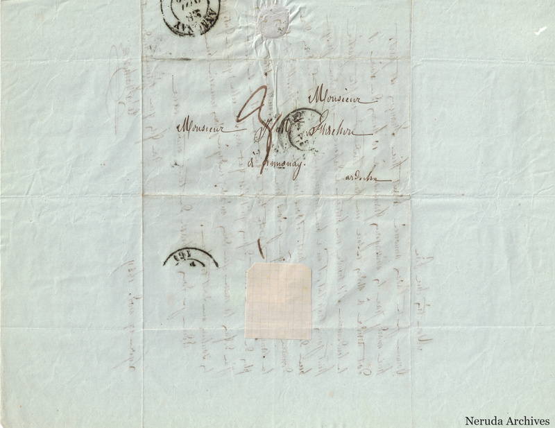 NRA-L-000543 image 1 showing a folded address panel to a Frachon correspondent with postal marks, forwarding notes, seals and visible folds.