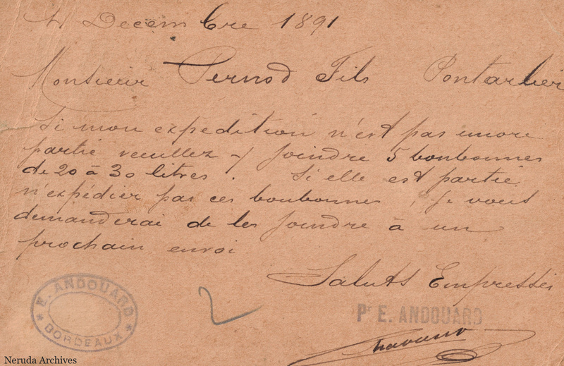 NRA-L-000174 image 2 showing the handwritten postcard message sent from Bordeaux, with absinthe-trade correspondence and the sender's signature.