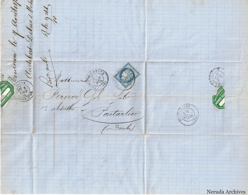 NRA-L-000151 image 1 showing the address panel to Pernod fils, absinthe manufacturer at Pontarlier, with a postage stamp, circular postmarks, green Audibert, Delas & Michel labels, manuscript docketing and fold lines.