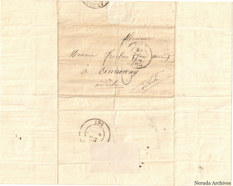 NRA-L-000606 image 1 showing a folded address panel to a Frachon correspondent at Annonay, with handwritten delivery address, postal marks, sealing evidence, folds and retained annotations.