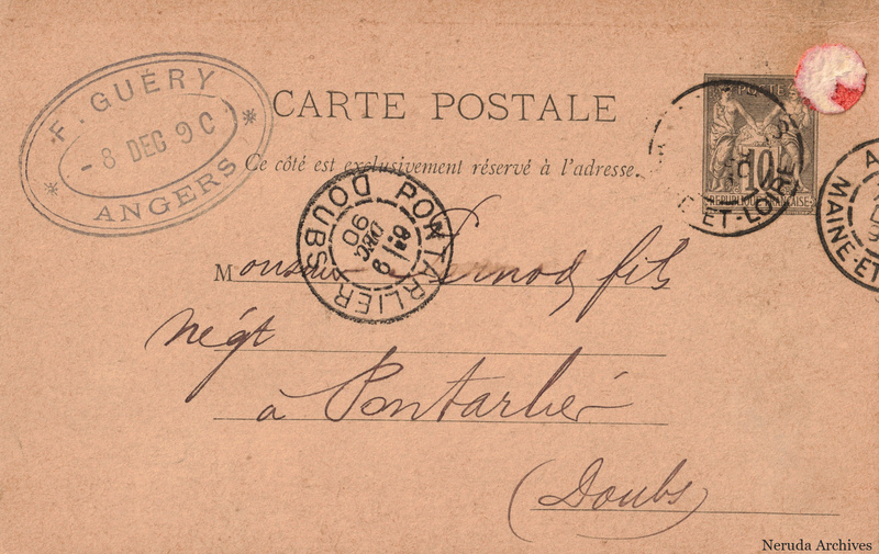 NRA-L-000175 image 1 showing the postcard address panel to Pernod fils in Pontarlier, with postage stamp, postmarks and the sender's business mark.