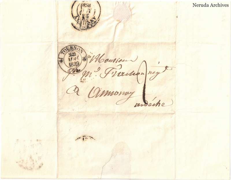 NRA-L-000585 image 1 showing a folded address panel to a Frachon correspondent with postal marks, routing notes, seals, folds and retained annotations.