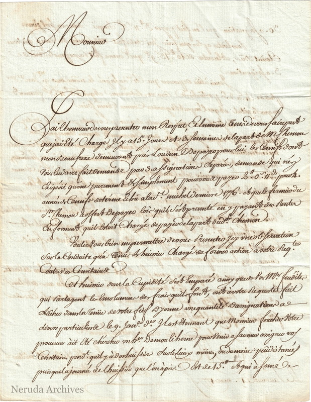 NRA-L-000020 image 2 showing the first page of Dupuy's letter from Saumur, dated 17 March 1777, concerning cens and summons costs.
