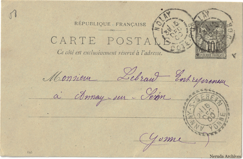 NRA-L-000251 image 1 showing the address side of a postcard sent by Mairey to Lebrand, with contemporary postal and business marks.