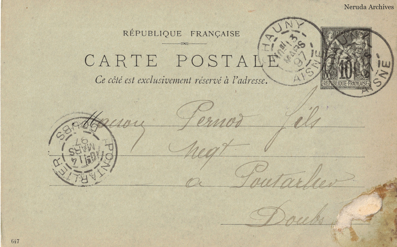 NRA-L-000353 image 1 showing the complete address side of the postcard, with the recipient address, postage, postmarks and contemporary business or filing marks.