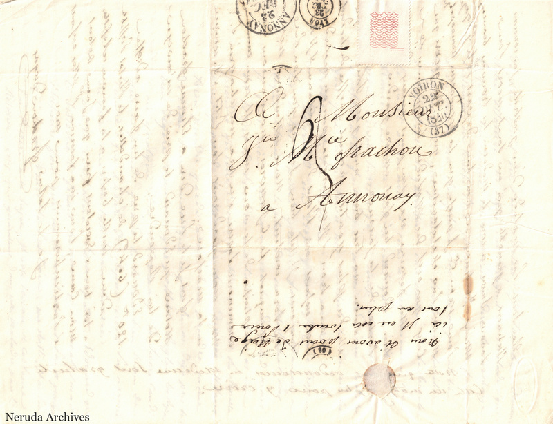 NRA-L-000520 image 1 showing a folded address panel to a Frachon correspondent with postal marks, routing notes, seals and visible folds.