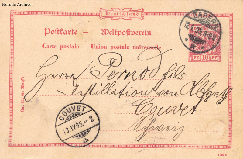 NRA-L-000168 image 1 showing a red German postcard addressed to Pernod fils in Couvet, Switzerland, with a postage stamp and postmarks.