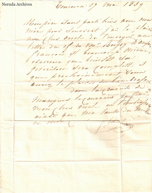 NRA-L-000536 image 3 showing a handwritten French letter continuation with closing, signature, later notes, folds and paper edges.