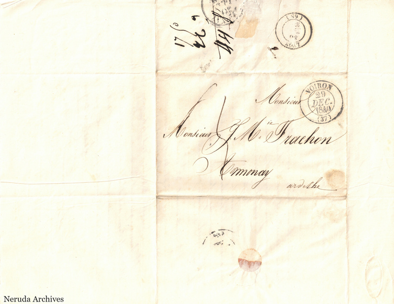 NRA-L-000521 image 1 showing a folded address panel to a Frachon correspondent with postal marks, routing notes, seals and visible folds.