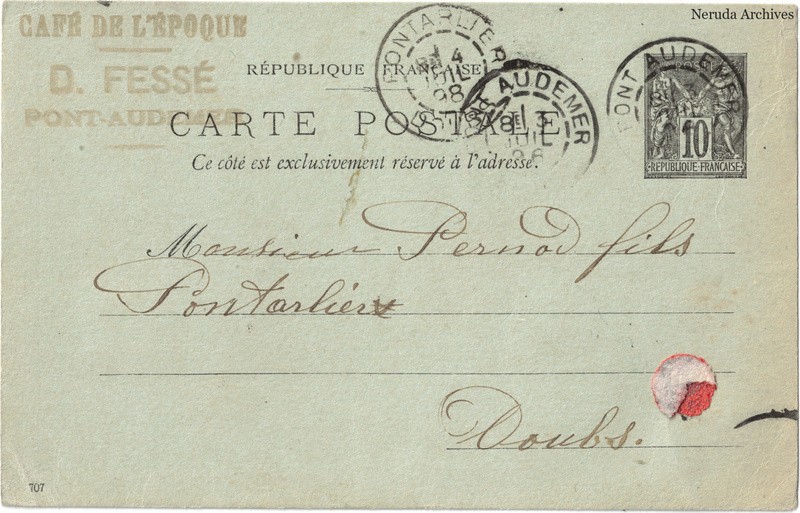 NRA-L-000189 image 1 showing the address side of a postcard sent by Désiré Fessé, Café de l'Époque to Pernod Fils, with contemporary postal and business marks.