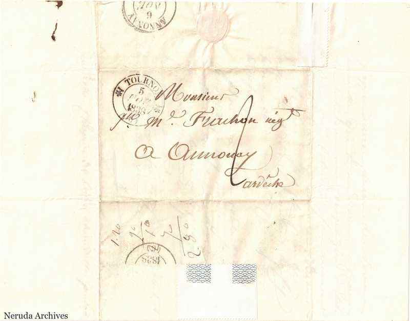 NRA-L-000531 image 1 showing a folded address panel to a Frachon correspondent with postal marks, routing notes, seals and visible folds.