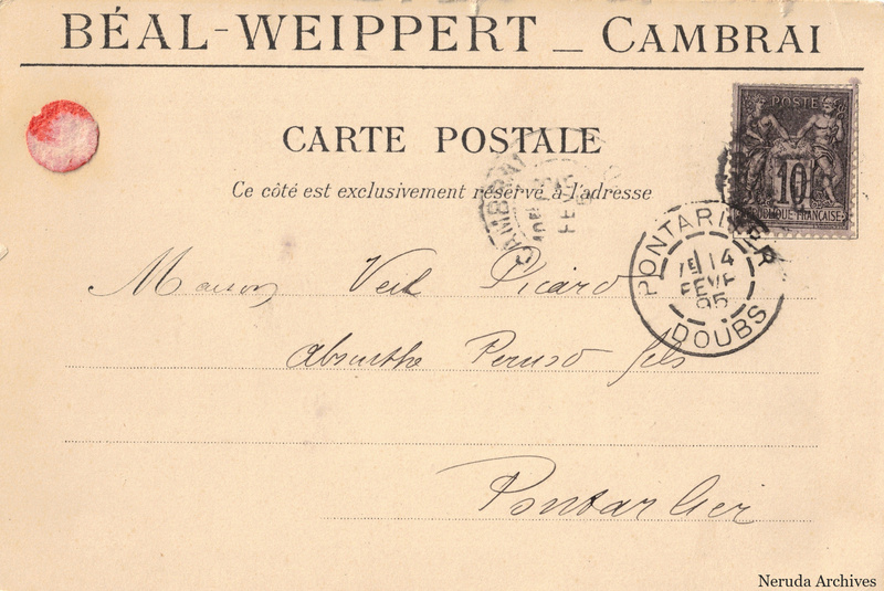 NRA-L-000273 image 1 showing the address side of a postcard sent by Béal-Weippert to Veil-Picard & Cie, Maison Pernod Fils, with contemporary postal and business marks.