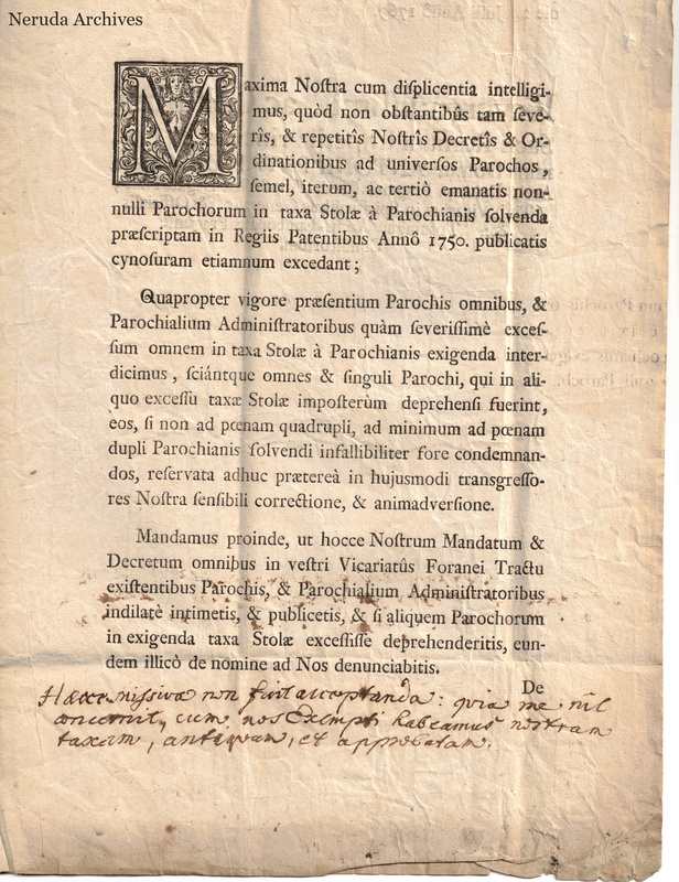 NRA-L-000049 image 3 showing the main text of the printed Latin ecclesiastical decree with an ornamental initial and handwritten note.