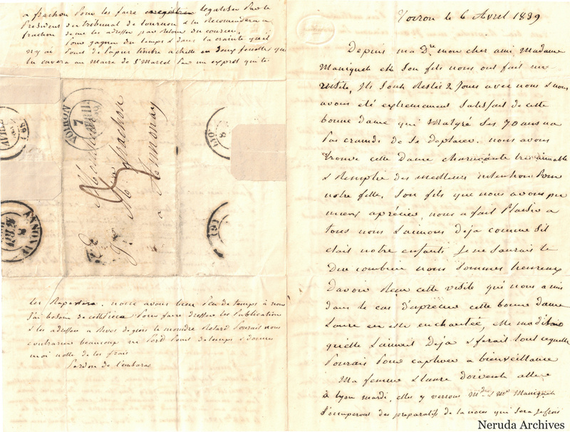 NRA-L-000489 image 1 showing an unfolded French letter sheet with manuscript text, an address panel and circular postal marks.