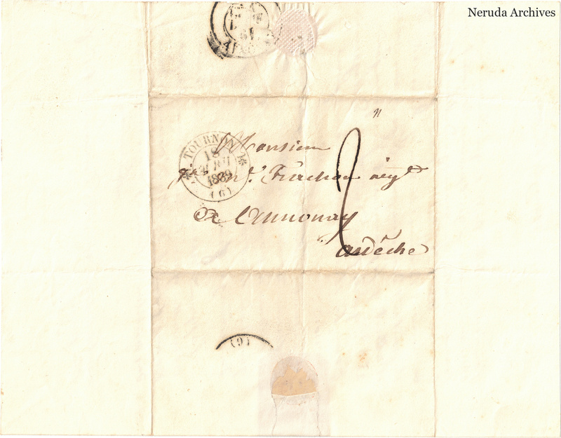 NRA-L-000578 image 1 showing a folded address panel to a Frachon correspondent with postal marks, routing notes, seals, folds and retained annotations.