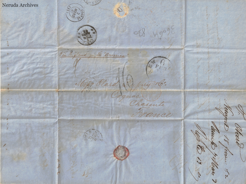 NRA-L-000416 image 1 showing a folded address panel to Otard Dupuy & Co in Cognac, routed via England, with postal marks, a seal and manuscript docketing.