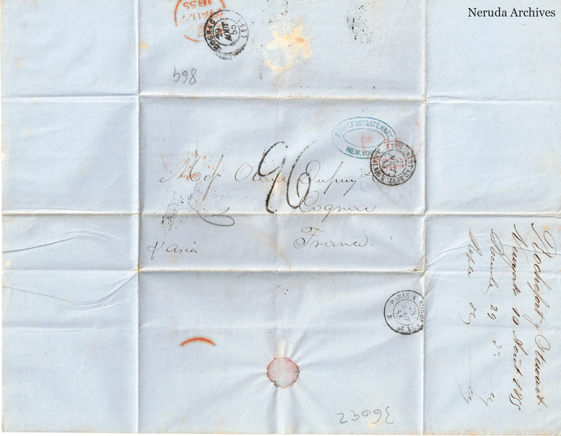 NRA-L-000403 image 1 showing a blue folded address panel to Otard Dupuy & Co in Cognac, with New York and French postal marks, seal trace and docketing.