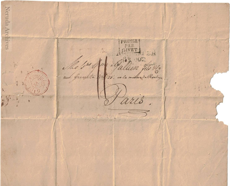 NRA-L-000026 image 1 showing the Paris address panel, Prusse par Givet routing mark and November 1819 arrival mark.