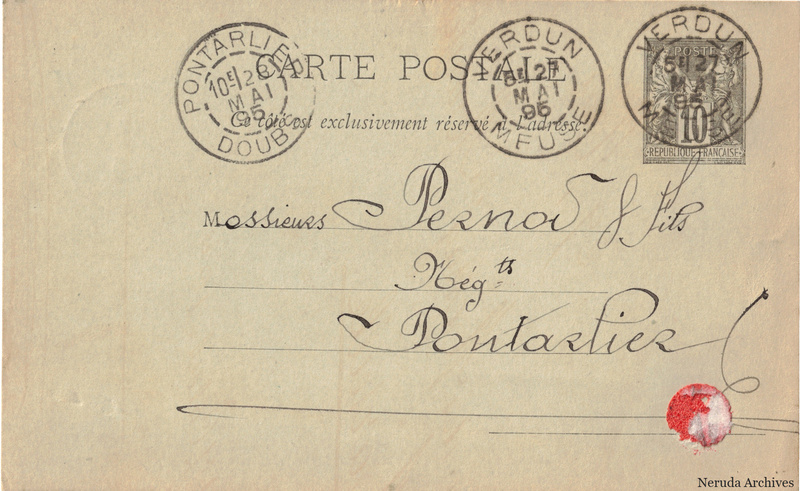 NRA-L-000301 image 1 showing the address side of a postcard sent by D. Béchet to Pernod Fils, with contemporary postal and business marks.