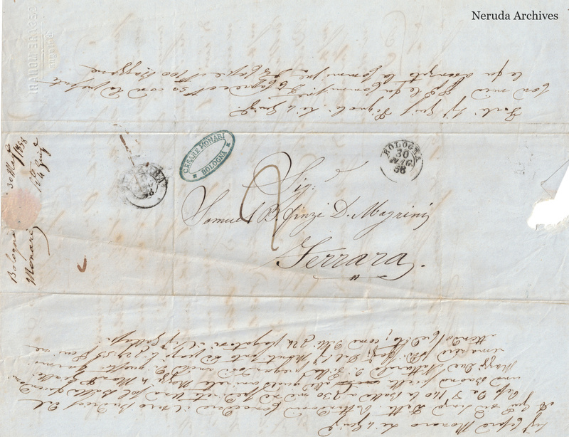 NRA-L-000714 image 1 showing the folded address panel to Samuel Finzi called Magrini in Ferrara, Bologna postal evidence, and recipient reply drafts.