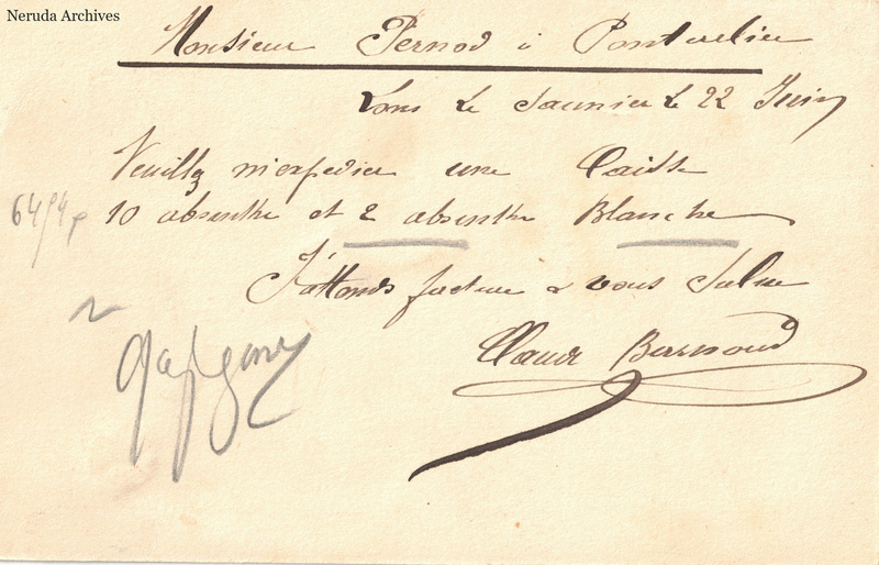 NRA-L-000276 image 2 showing the handwritten message from Claude Barnoud to Pernod Fils, with contemporary annotations and the sender's signature or business mark.