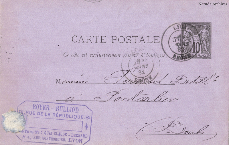 NRA-L-000234 image 1 showing the address side of a postcard sent by P. Royer-Bulliod to Pernod, with contemporary postal and business marks.