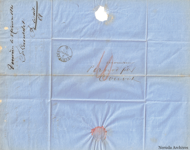NRA-L-000113 image 1 showing a folded blue-paper address panel to Pernod fils in Couvet with a circular postmark, seal remnant, docketing and paper losses.