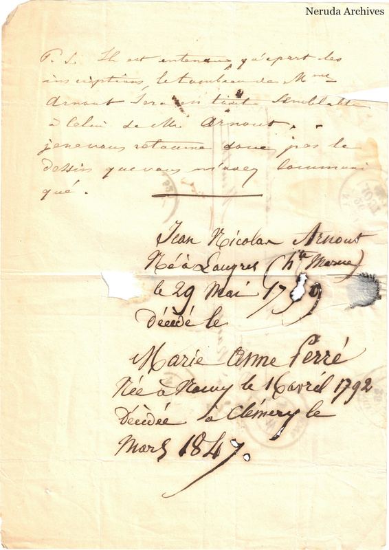 NRA-L-000046 image 2 showing a French manuscript letter with a later genealogical annotation, ink marks and small areas of paper loss.