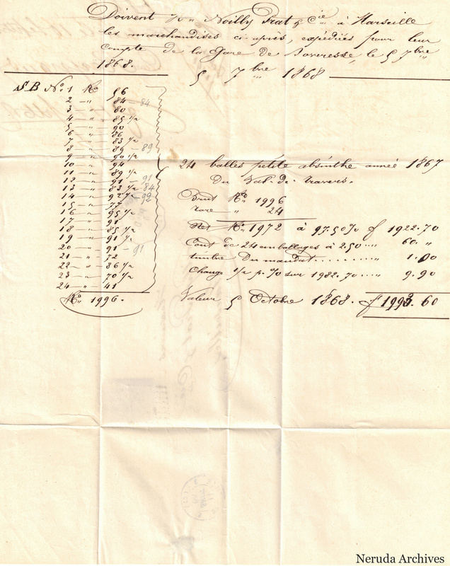 NRA-L-000158 image 2 showing a manuscript account statement between Pernod fils and Noilly Prat and Company, with dated absinthe shipment entries, quantities, charges, totals, postal impressions and fold lines.