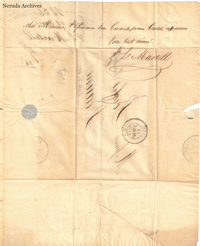 NRA-L-000400 image 4 showing the closing portion of a handwritten French letter with a prominent signature, sealing remnant, postal marks and folds.
