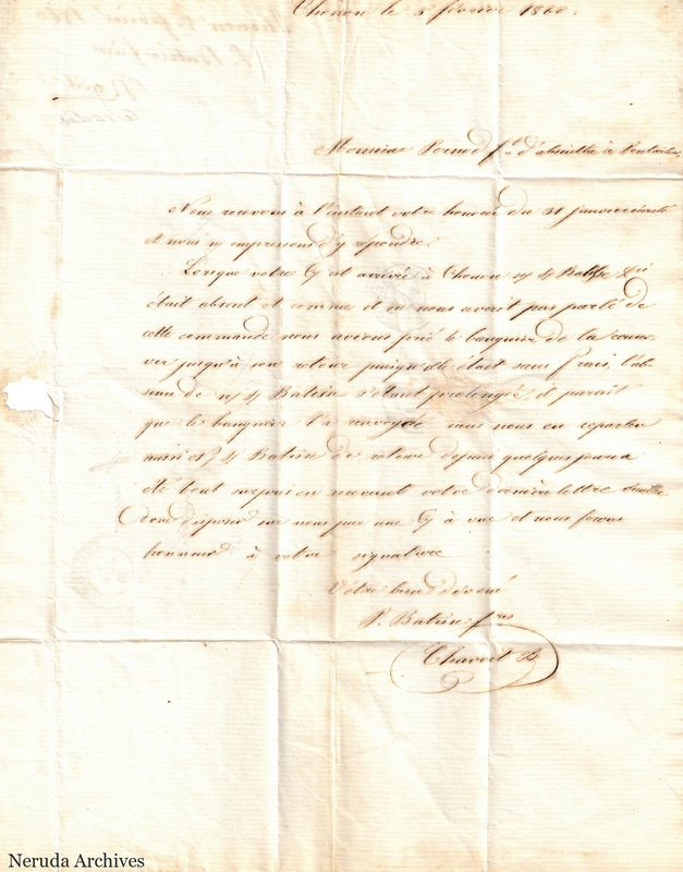 NRA-L-000085 image 4 showing a French manuscript letter dated at Thonon with a salutation to Pernod, a closing signature and damaged paper edges.