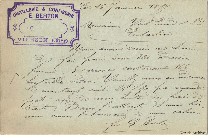 NRA-L-000200 image 2 showing the handwritten message from E. Berton to Veil-Picard & Cie, Maison Pernod Fils, with contemporary annotations and the sender's signature or business mark.