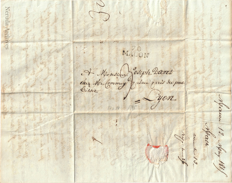NRA-L-000032 image 1 showing address to Joseph Daret in Lyon, with exterior docketing and Macon postal evidence.