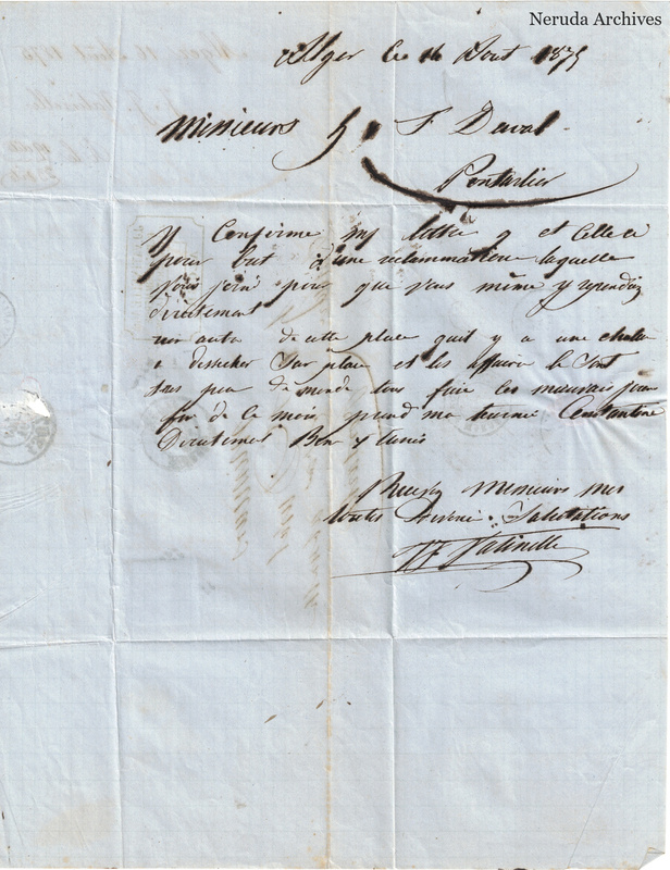 NRA-L-000128 image 2 showing a handwritten commercial letter on blue paper dated at Algiers, with salutation to J. J. Duval, signature, folds and a circular postal impression.