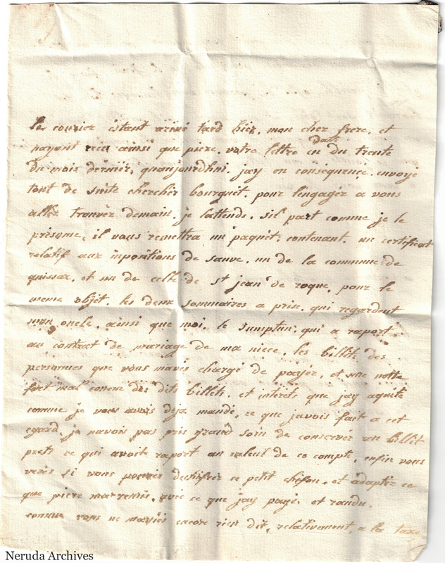 NRA-L-000669 image 2 showing the first page of a French family letter concerning papers and inheritance matters.