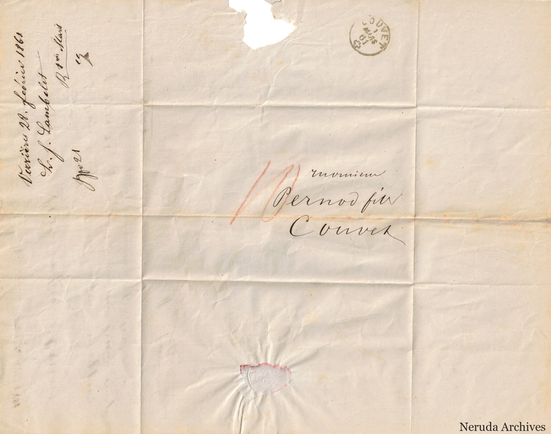 NRA-L-000112 image 1 showing the folded address panel to Pernod fils in Couvet with a circular postal mark, red rate notation, docketing, a seal remnant and an upper paper loss.